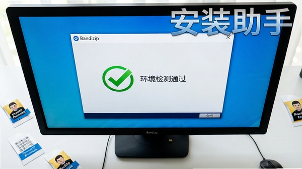 电脑屏幕的俯视特写，屏幕上显示Bandizip安装助手的界面，界面中有一个绿色的对勾图标，旁边标注“环境检测通过”，桌面上散落着几个压缩包文件，整体画面明亮清晰，突出软件检测功能的专业与可靠，画面带有“Bandizip 安装助手”字样。