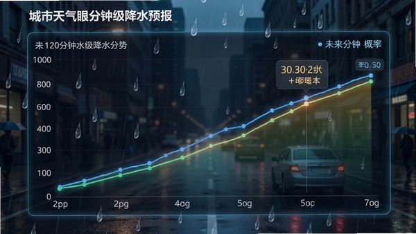 城市天气眼分钟级降水预报功能截图,画面展示未来120分钟降水趋势折线图,背景为降雨中的城市街道,雨滴效果清晰可见,图表区域高亮显示未来30分钟的降水概率,UI设计数据可视化风格。