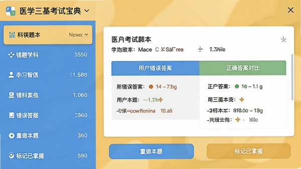 医学三基考试宝典的智能错题本界面，左侧列表按学科分类展示错题数量，右侧展示一道错题的题干、用户错误答案与正确答案对比，下方有“重做本题”和“标记已掌握”两个按钮，界面采用舒适的暖黄色背景，视觉上减轻学习压力