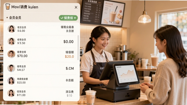 商业收银系统会员管理界面截图，画面左侧显示会员列表与储值余额，右侧是消费记录图表，背景为温馨的奶茶店内部环境，收银员正在与顾客交流，整体画面柔和，突出会员营销主题。