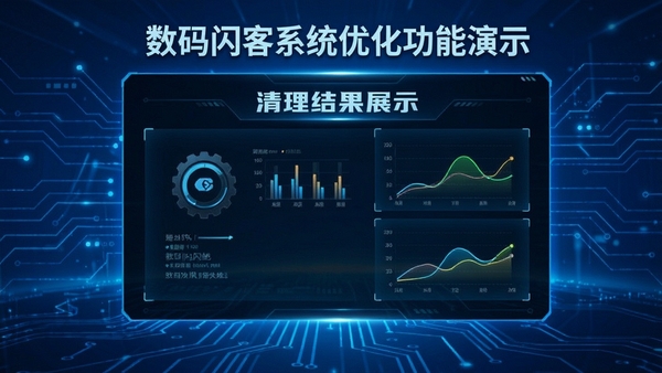数码闪客系统优化功能演示,清理结果展示,背景为蓝色科技风格