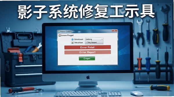 影子系统修复工具示意图,画面中电脑屏幕显示错误修复界面,背景为工具箱和维修工具,色调偏冷,突出专业感,文字清晰