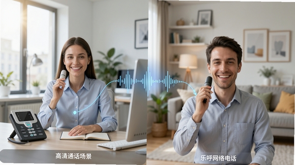 乐呼网络电话高清通话场景示意图，展示两个用户在不同地点通过软件进行清晰通话，画面分屏，左侧为办公室环境，右侧为居家环境，中间用流畅的音频波纹连接，风格写实，光线明亮