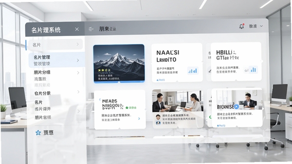 朋来企业名片管理系统主界面预览图，界面简洁现代，左侧为名片分组列表，右侧显示名片详情卡片，背景为干净的浅灰色商务办公场景，整体风格专业且具有科技感