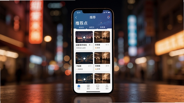 纽爱软件主界面预览图，画面中心是一部智能手机，屏幕上显示着纽爱APP的首页推荐列表，背景是模糊处理的都市夜景霓虹灯光，整体色调温馨且充满科技感，风格写实，光影细腻