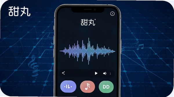 甜丸APP语音变声功能示意图，手机屏幕显示语音录制界面，底部有多个变声按钮，上方波形图跳动，背景为科技感蓝色网格，清晰标注“甜丸”字样，画面简洁，适配Boogu模型生成