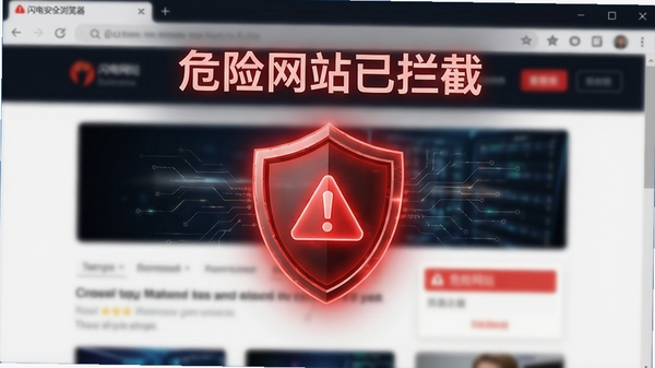 闪电安全浏览器正在拦截一个恶意网页的警告界面,红色警示盾牌图标居中,页面背景为模糊的网页内容,上方显示“危险网站已拦截”字样,整体设计醒目且具有科技感。
