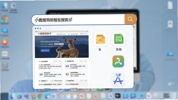 小鹿搜狗助手智能搜索功能演示图，画面中显示用户在搜索框中输入关键词后，下拉菜单同时呈现网页结果、本地文件与应用图标，背景为模糊化的电脑桌面，突出搜索结果的清晰与全面