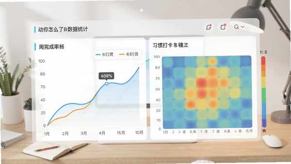 动你怎么了数据统计图表界面,展示周完成率曲线与习惯打卡热力图,背景为简洁书桌,突出数据分析与成长感,色调清晰明快,适配Boogu模型生成