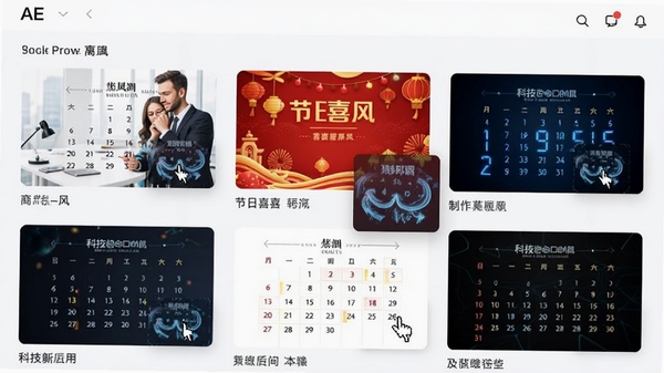 AE日历制作模板库界面，展示多种风格各异的动态日历缩略图，如商务风、节日喜庆风、科技感数字风，鼠标悬停预览动画效果，界面设计整洁美观