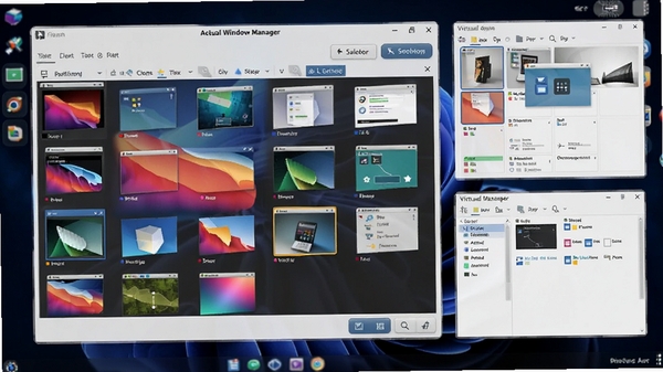 Actual Window Manager 主界面预览图,展示软件主窗口及多个虚拟桌面管理面板,画面清晰,风格现代,背景为深色桌面壁纸,前景为软件操作界面,突出窗口缩略图与功能按钮