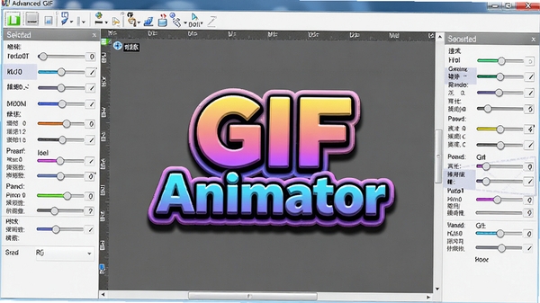 Advanced GIF Animator文字特效编辑界面,画布中央显示带有阴影和描边效果的示例文字,周围环绕特效参数调节选项,色彩鲜艳,界面布局合理