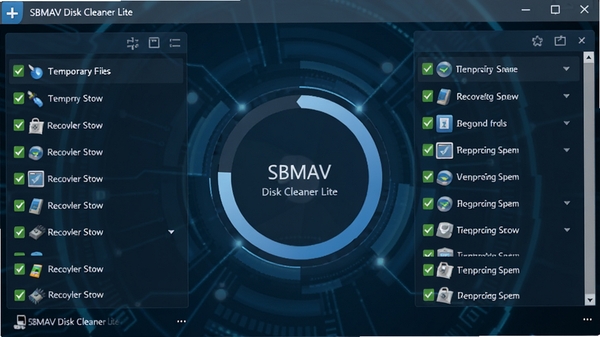 一张展示SBMAV Disk Cleaner Lite正在执行磁盘深度扫描的软件截屏,画面中心是扫描进度环,周边以列表形式罗列临时文件、回收站、缩略图等分类项目,每个分类前有绿色勾选框,背景为深蓝色科技感界面,突出扫描过程的全面与细致