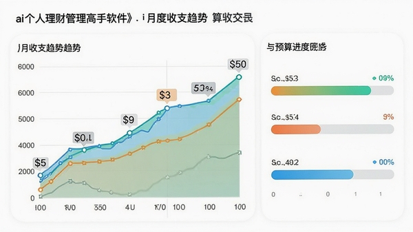 ai个人理财管理高手软件展示月度收支趋势折线图与预算进度条，图表色彩鲜明，背景为白色，配有数据标签