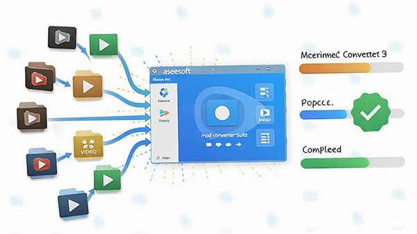 Aiseesoft mod converter suite格式转换过程示意图，展示多种视频格式文件图标汇聚到软件界面中央，周围环绕转换进度条和完成状态标识，整体配色明亮清晰