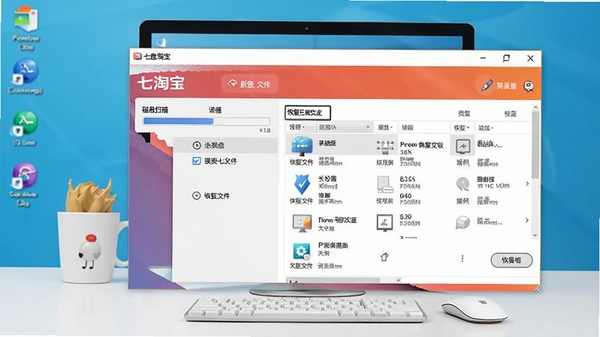 七彩色淘宝图片误删还原工具软件主界面预览图,展示磁盘扫描进度条与恢复文件列表,背景为整洁的电脑桌面环境,数据恢复软件风格,高清晰度