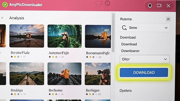 AnyPicDownloader正在分析网页图片的界面特写，显示图片列表与筛选选项，高亮显示批量下载按钮，界面色彩明快