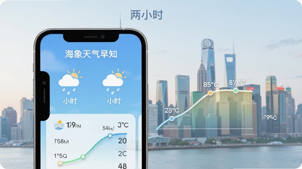 海象天气早知主界面展示，手机屏幕显示未来两小时降水预报与温度曲线，背景为城市天际线，天气图标清晰，整体风格清新明亮，细节丰富，色彩柔和，适合作为软件预览图