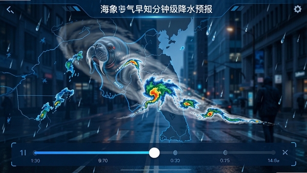 海象天气早知分钟级降水预报界面截图，地图上显示降雨云团移动轨迹，时间轴滑动条清晰可见，背景为城市街道，雨滴动态效果，整体风格科技感十足，蓝白配色，细节丰富
