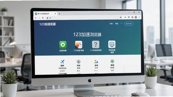 123加速浏览器主界面预览图，展示简洁的浏览器窗口，背景为现代办公场景，电脑屏幕中清晰显示123加速浏览器的起始页和功能图标，画面明亮清晰，风格写实