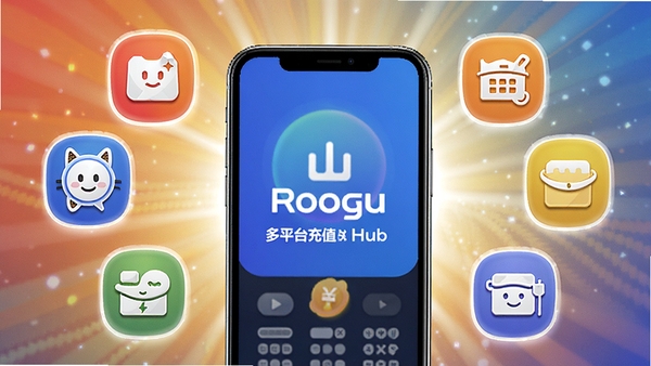 Recharge Hub多平台充值功能展示图，画面展示手机话费、游戏点券、生活缴费等图标排列在手机屏幕周围，背景为明亮的光线效果，色彩丰富，突出便捷高效，适配Boogu模型生成