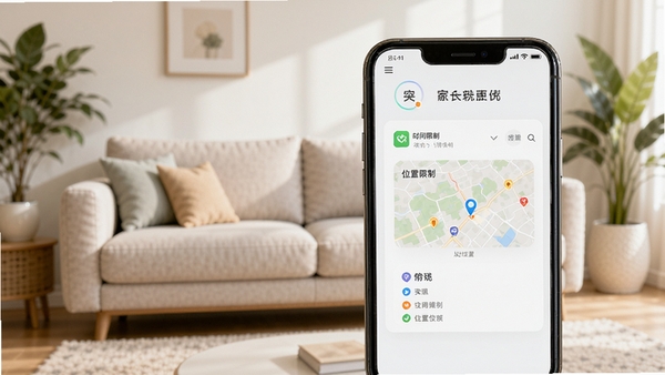 守护助手家长端软件主界面预览图，画面主体为手机屏幕展示家长控制面板，背景为温馨现代的家庭客厅场景，沙发与绿植点缀，浅色系配色，界面显示应用管理、时间限制、位置地图三大功能卡片，整体风格干净明亮，高清渲染图