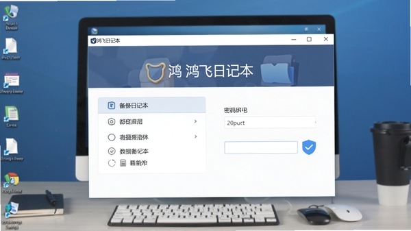 鸿飞日记本数据备份与加密设置界面，展示备份选项和密码输入框，界面简洁，强调安全可靠，背景为电脑桌面，突出软件名称鸿飞日记本，风格专业