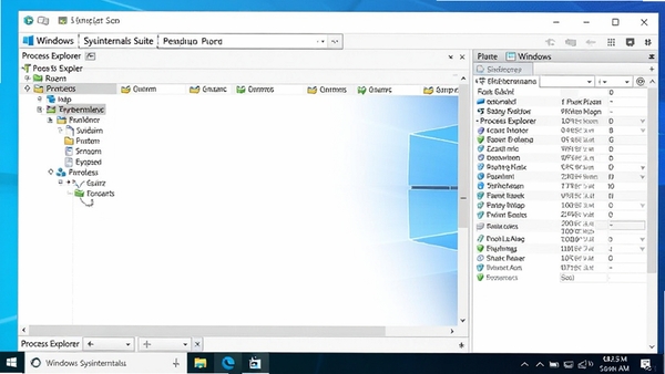 Windows Sysinternals Suite 中的 Process Explorer 正在以树状图展示进程列表,右侧面板显示进程详细信息,背景为Windows 10桌面,画面清晰专业