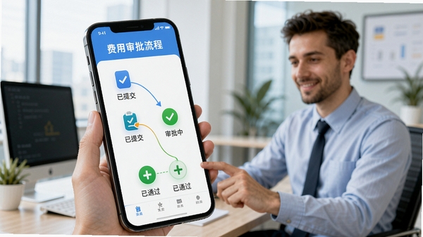 胜意费控云费用审批流程图,手机界面展示从发起到审批完成的各节点状态图标,如已提交、审批中、已通过,背景为办公室场景,有部门主管在手机上操作,画面突出流程可视化与高效协同,色调清新明快