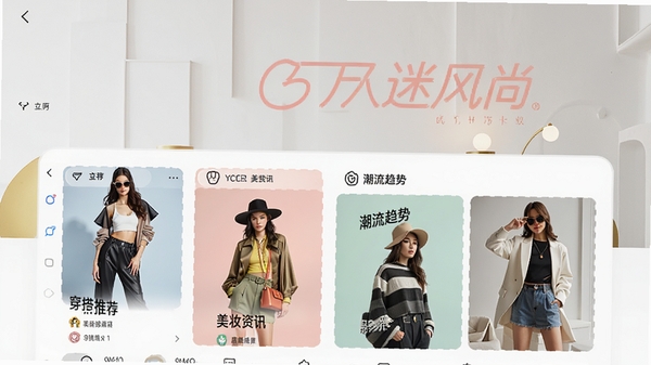 时尚生活APP主界面展示,包含穿搭推荐、美妆资讯、潮流趋势等模块,背景为现代简约风格,色彩明亮,突出万人迷风尚品牌标识,人物模特展示多样穿搭风格