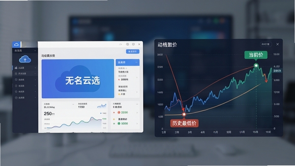 一张功能展示图，画面左侧是“无名云选”软件界面，右侧是动态的价格走势折线图，图上标注“历史最低价”与“当前价”两个数据点，背景虚化处理，突出比价功能的直观与专业。