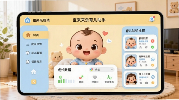 宝来乐育儿助手主界面预览图，温馨的卡通风格，主色调为柔和的鹅黄色与淡蓝色，界面中央展示宝宝可爱的卡通形象与成长数据面板，左侧为功能导航栏，右侧为育儿知识推荐卡片，背景为家庭客厅场景，画面明亮清晰，UI设计注重亲和力与易用性