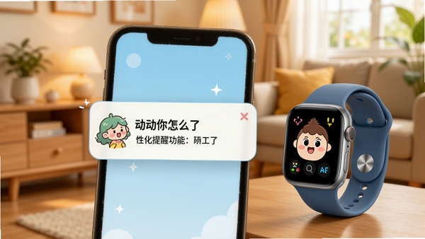 动你怎么了个性化提醒功能展示,手机屏幕弹出趣味动画通知,旁边有智能手表同步显示,背景为居家环境,突出温馨与贴心,画面生动活泼,适配Boogu模型生成