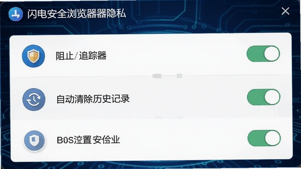 闪电安全浏览器隐私设置面板截图,界面展示“阻止追踪器”、“自动清除历史记录”等开关选项,背景为深蓝色科技风格,图标清晰,突出安全防护特性。