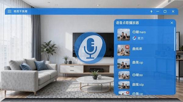 语音点歌播放器主界面预览图,展示简洁的电脑端操作界面,背景为现代化的客厅环境,麦克风图标醒目,曲库列表清晰,整体色调以蓝色科技感为主,画面明亮清晰
