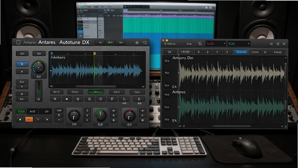 Antares Autotune DX音频处理软件界面预览图，展示其主控面板与波形编辑窗口，背景为专业音乐制作工作台，整体风格专业且富有科技感