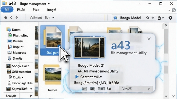 Boogu模型生成，特写a43 file management utility的右键菜单预览功能，鼠标指针悬停在一个图片文件上，弹出包含缩略图和详细信息的浮动预览卡片，背景为文件资源管理器窗口，突出显示软件便捷的即时预览能力，画面聚焦清晰，科技感十足。