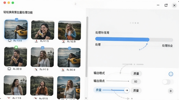 轻松换背景批量处理功能界面，左侧列表显示多张待处理图片，右侧为处理进度条，下方为输出格式与质量选项，界面设计清晰，强调高效处理能力。