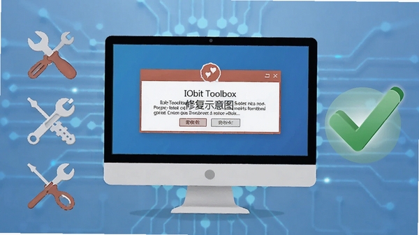 IObit Toolbox 报错修复示意图，画面中一台电脑屏幕显示错误提示框，旁边有工具图标与修复完成的对勾标识，背景为柔和的技术蓝，整体风格简洁直观