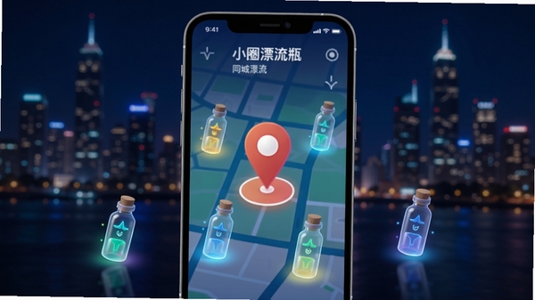 小圈漂流瓶同城漂流功能预览，手机界面显示地图定位标记，周围散布着几个发光的小瓶子，背景是城市天际线与夜色，画面突出地理位置与社交连接的概念，风格现代简洁，色彩明快