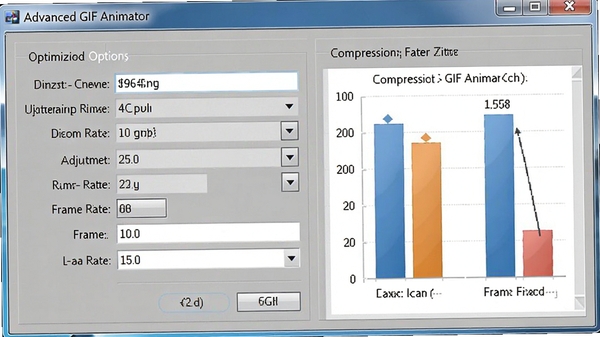 Advanced GIF Animator导出设置窗口,显示优化选项、尺寸调整、帧率参数,右侧为压缩前后文件大小对比,界面简洁专业