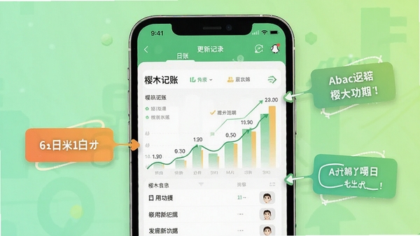 樱木记账更新日志配图,展示手机上的记账应用界面及新功能标注,背景为浅绿色渐变,突出版本迭代的活力与进步