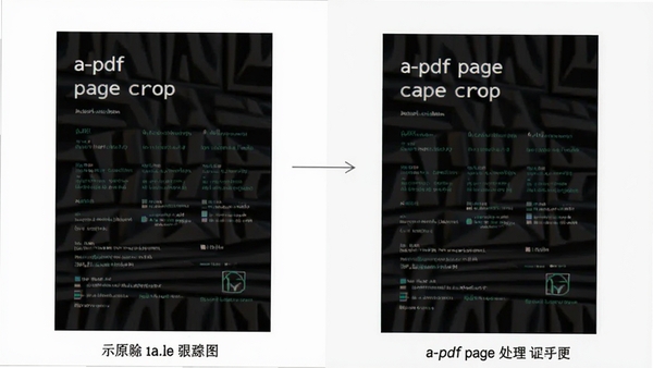 对比示意图，左侧为带有大量空白边距的原始PDF页面，右侧为经过a-pdf page crop 处理后边距被移除的页面，两者并排展示，背景简洁，突出软件名称a-pdf page crop 的处理效果。