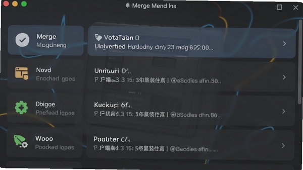 展示Merge Mend安装器的更新日志界面，背景为深色主题，列表清晰显示新增、优化、修复的条目，图标和文字搭配协调，突出新版本的改进内容。