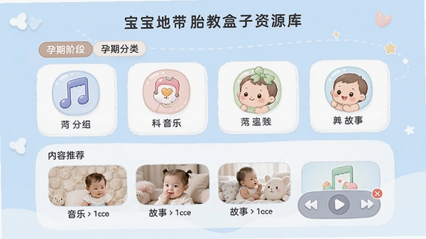 宝宝地带胎教盒子资源库界面，画面主体为分类清晰的音乐与故事列表，背景为淡蓝色调，图标设计圆润可爱，重点展示孕期阶段分类标签、内容推荐位与播放控制按钮，整体风格清新简洁