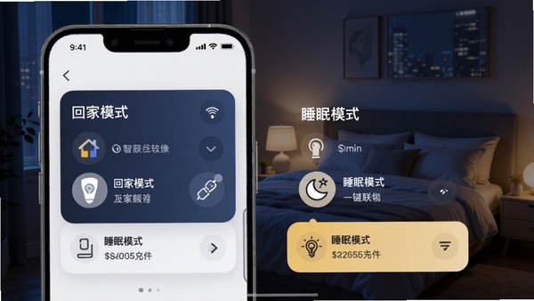 FlexMint自动化场景设置界面截图,背景为卧室夜景,手机界面显示“回家模式”和“睡眠模式”两个自定义场景卡片,卡片内有设备图标和触发条件,色彩柔和,以深蓝色和暖黄色为主,展示一键联动智能设备的便捷性