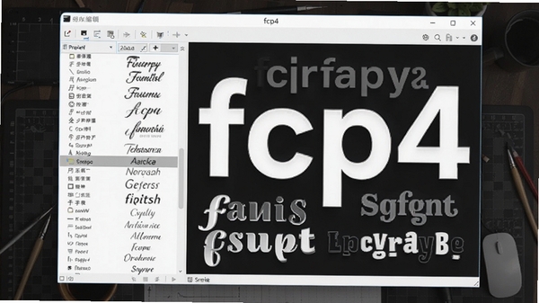 一款名为fcp4字体编辑软件的桌面应用程序界面,主窗口展示字体列表与预览区域,背景为深色工作台,屏幕上有多种字体样式的大字展示,整体风格专业且现代,软件名称清晰显示在窗口标题栏