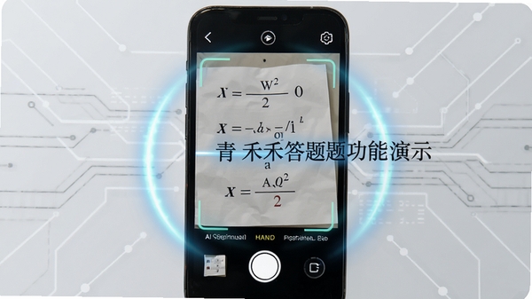 青禾答题智能搜题功能演示，手机屏幕显示拍照搜题界面，镜头对准一道数学题，界面周围有扫描光效和识别出的题目文字，背景为浅灰色科技感线条，突出AI识别主题