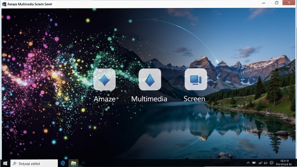 Amaze Multimedia Screen Saver 主界面预览图，展示软件在Windows桌面上运行的动态屏保效果，背景为炫彩粒子与高清风景图片融合，界面简洁明亮，图标布局清晰，整体画面充满科技感与艺术感，16:9宽屏构图