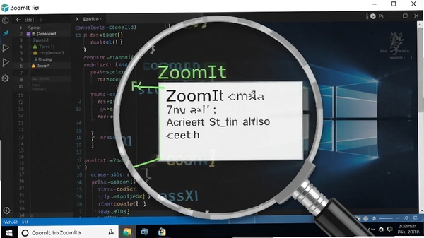 ZoomIt 屏幕放大标注工具主界面预览图，简洁的Windows桌面环境，背景为代码编辑器，屏幕中央有放大镜效果特写，显示高亮标注线条与文本框，整体风格干净明亮，突出软件核心功能